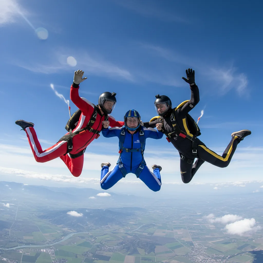 AFF student skydiver in freefall with instructors