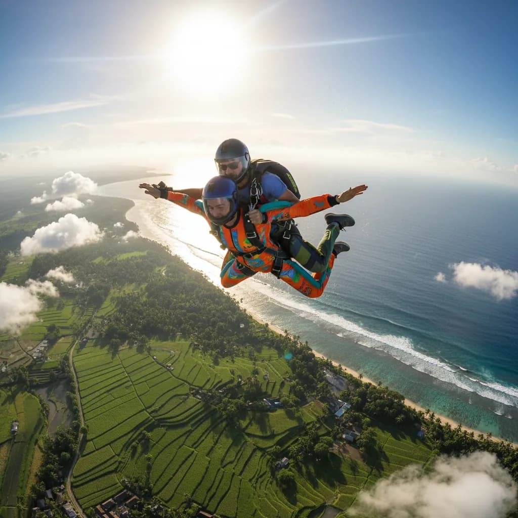 Tandem skydive in freefall over tropical coastline