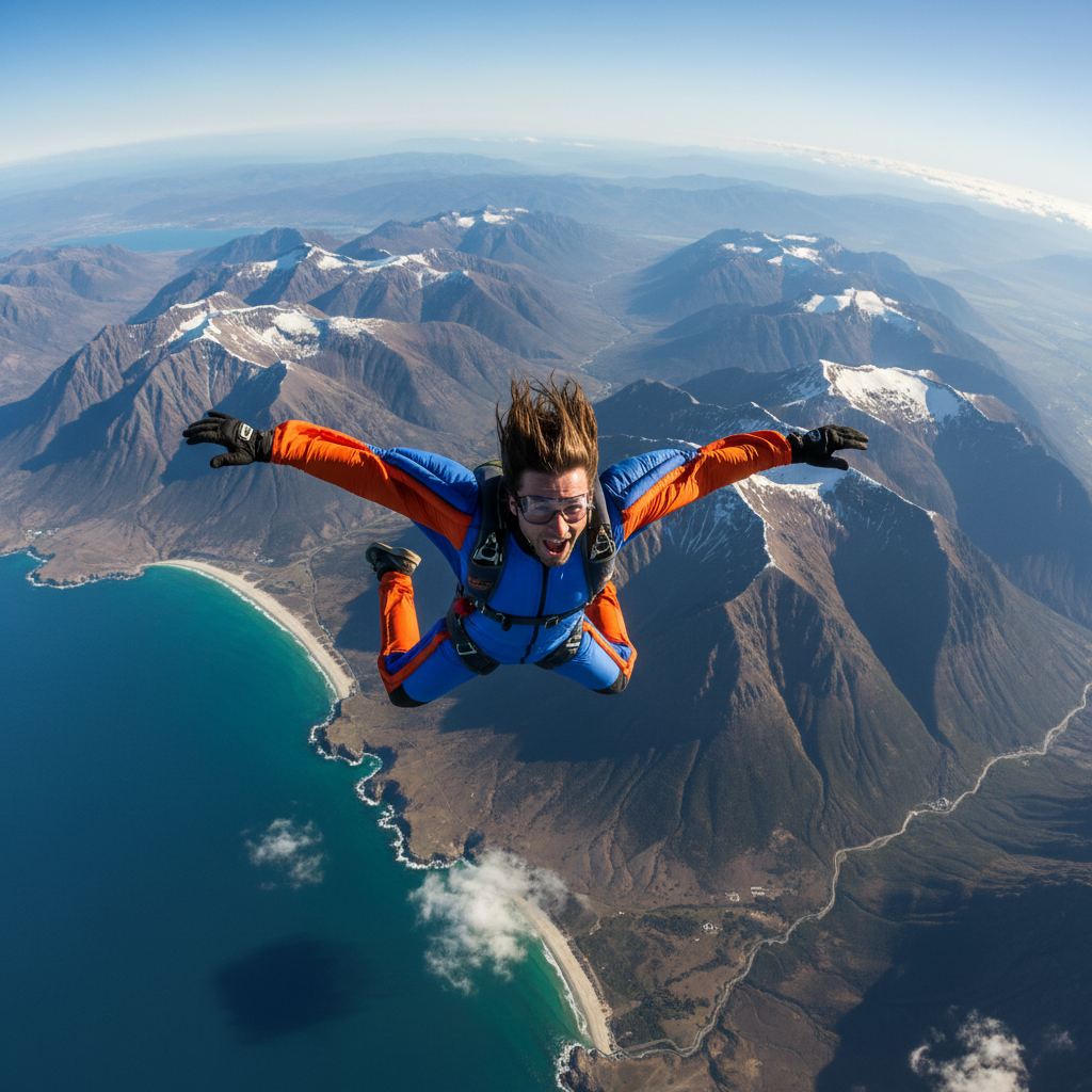 Skydiver in freefall above dramatic Asian landscape with mountains and coastline below