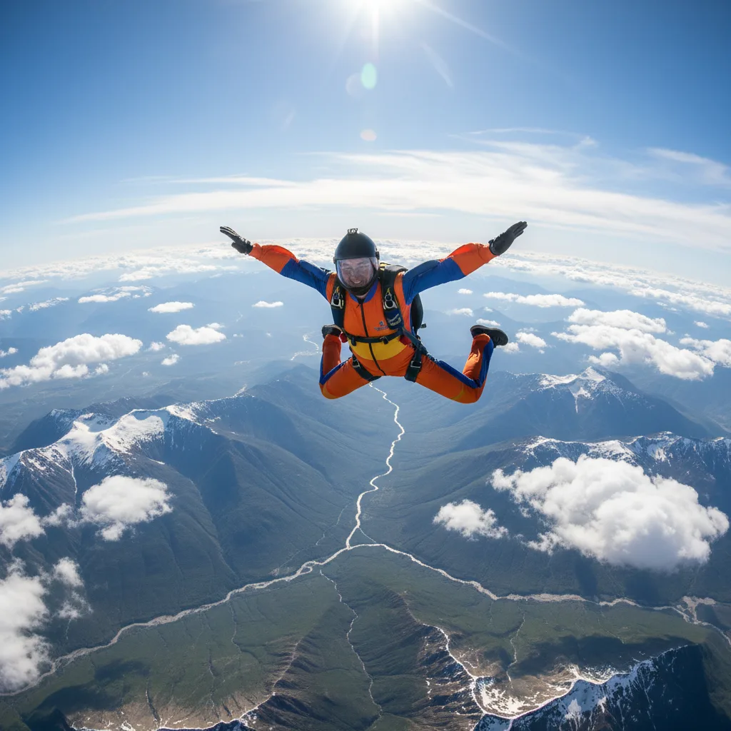 Skydiver in freefall over stunning landscape, adventure and freedom